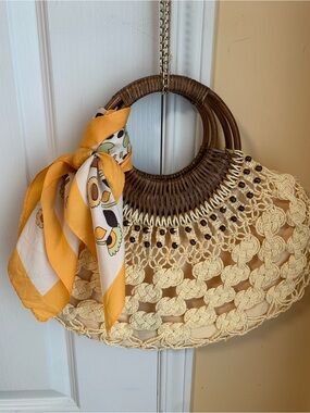 Yellow Crochet Straw Satchel rattan handles